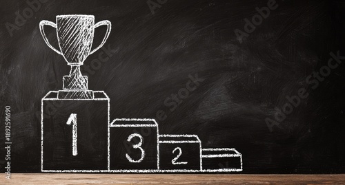 A chalk-drawn image on a blackboard shows a trophy on a first-place podium with 