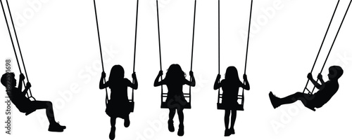 Silhouettes of children swinging on playground swings, capturing outdoor play, motion, childhood activity, fun recreation and carefree youthful enjoyment in a park setting