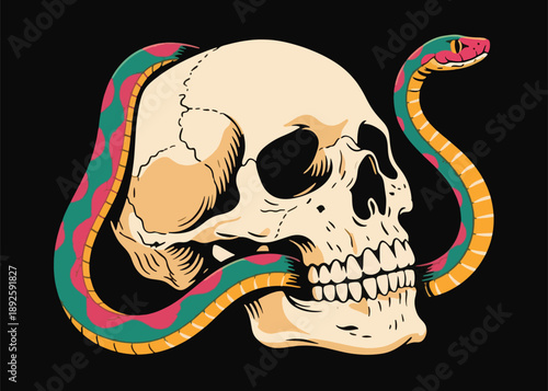 Skull Head With Snake Wrapped Around It Illustrator Artwork Creative Design Template 
