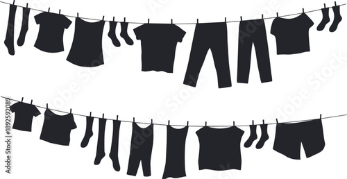Silhouettes of clothing hanging on laundry lines with shirts, pants, socks and garments drying outdoors, illustrating domestic chores, washing, cleaning and everyday household lifestyle