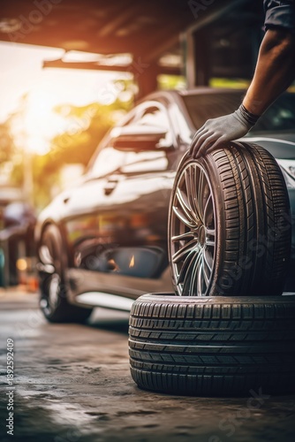 A car mechanic or service technician changing the tire of an elegant car in their garage.