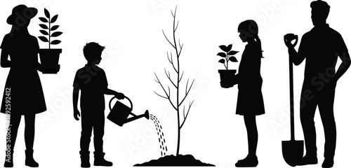 Silhouettes of family gardening together, watering a young tree and holding potted plants, symbolizing environmental care, nature, growth, sustainability and outdoor planting activities