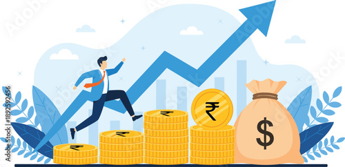 Business growth illustration with man climbing coin stacks, rising profit chart, investment success, and wealth finance concept design