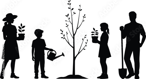 Silhouettes of family members gardening and watering a young tree while holding potted plants, symbolizing nature, environmental care, sustainability, growth, teamwork and outdoor activity