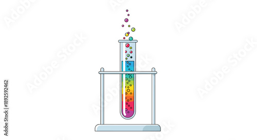 Laboratory Test Tube with Rainbow Layered Liquid and Bubbles in a Metal Stand Isolated on White