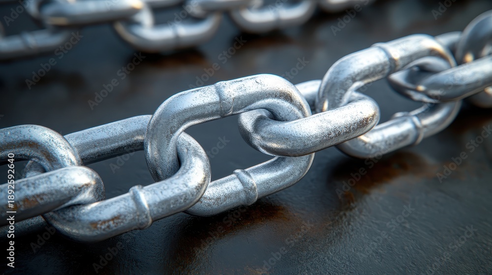 Fototapeta premium Gleaming silver metal chain links interconnected on a dark textured surface