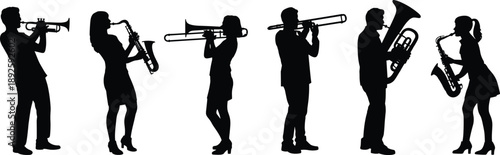 Silhouettes of musicians playing brass and woodwind instruments including trumpet, trombone, tuba and saxophone, representing live music performance, orchestra, band, jazz and artistic entertainment