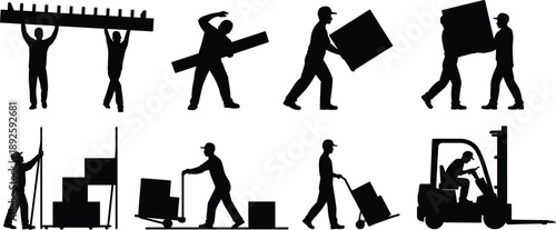 Silhouettes of warehouse workers lifting materials, carrying boxes, pushing carts  operating a forklift, representing logistics, manual labor, shipping, distribution and industrial workplace activity
