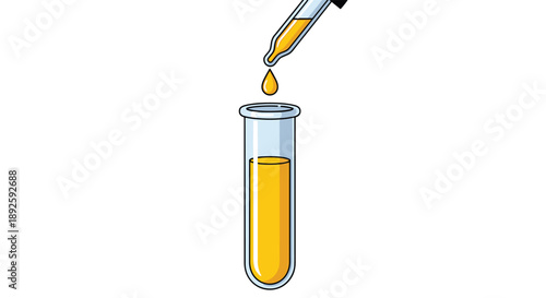 Cartoon Style Laboratory Pipette and Test Tube with Yellow Liquid and Black Outlines on White