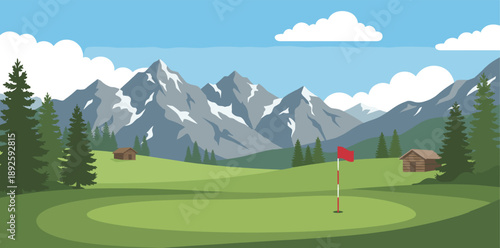 Crans sur Sierre golf course illustration. Alpine mountain golf landscape with green fairway, Swiss chalets, dramatic peaks. Flat vector style. Luxury European golf background