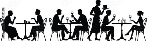 Urban outdoor café silhouettes of people drinking wine, chatting, and dining on terrace tables while a waiter serves beverages in a relaxed social restaurant setting