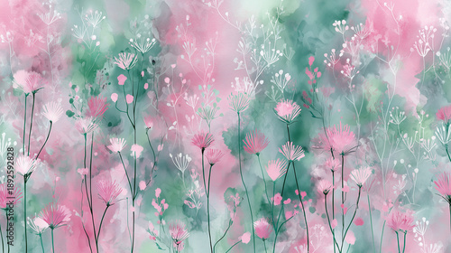Pink and Green Flowers Cute Illustration Background