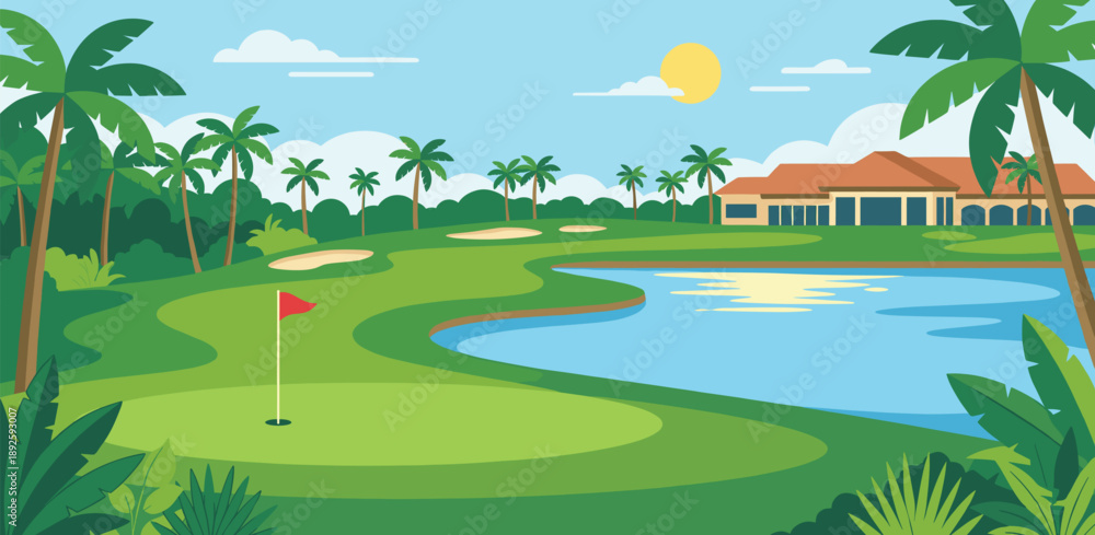 Obraz premium Sentosa Golf Club illustration. Tropical resort golf course with palm trees, water hazard and clubhouse. Flat vector golf landscape