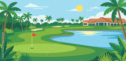 Sentosa Golf Club illustration. Tropical resort golf course with palm trees, water hazard and clubhouse. Flat vector golf landscape