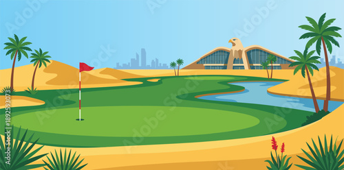 Abu Dhabi golf course illustration. Desert golf landscape with palm trees, water hazard, modern clubhouse. Flat vector style. Luxury golf resort background