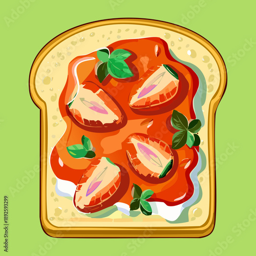 Delicious strawberry jam toast with fresh fruit slices on a light green surface - Vector Illustration