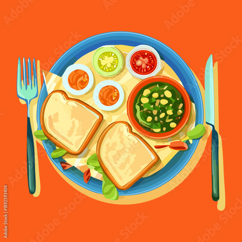 Healthy breakfast plate with eggs salad bread and green peas for balanced nutrition - Vector Illustration