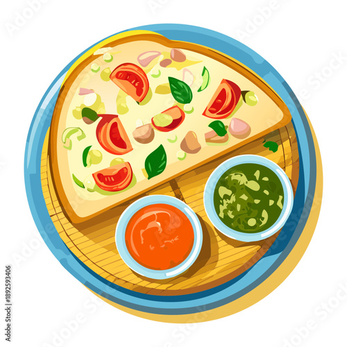 Assorted pizza slices with fresh tomatoes and dipping sauces on a wooden board - Vector Illustration