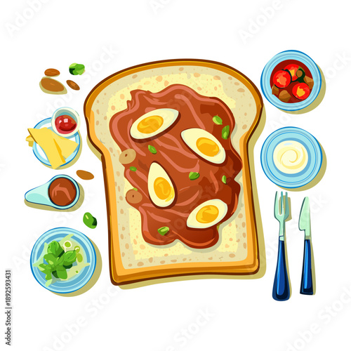 Gourmet toast with brown spread boiled eggs and fresh herbs on a blue plate - Vector Illustration