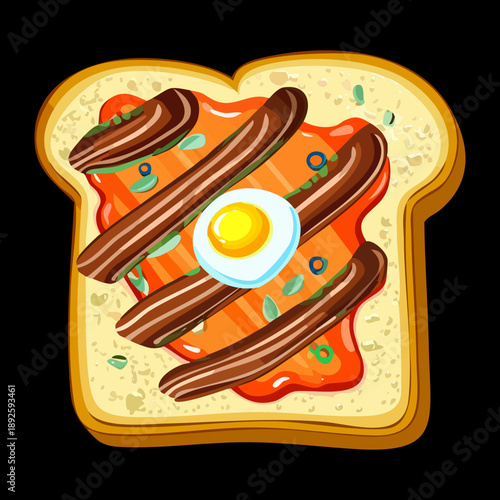 Savory breakfast toast with crispy bacon and sunny side up egg on black surface - Vector Illustration