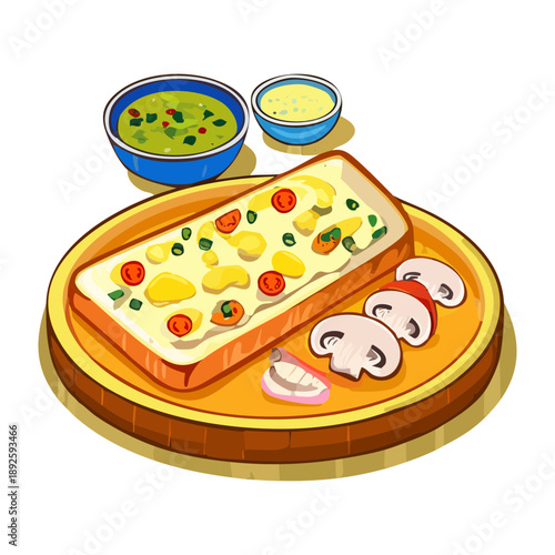 Breakfast platter with omelet bread slices and fresh mushrooms on a wooden cutting board - Vector Illustration