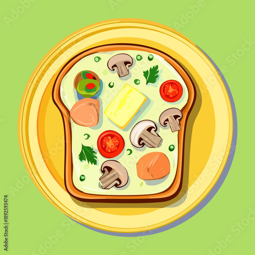 Gourmet vegetable toast with mushrooms olives tomatoes and fresh cheese on green plate - Vector Illustration