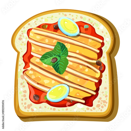 Sweet dessert toast topped with caramelized fruit slices and fresh lemon garnish on white - Vector Illustration