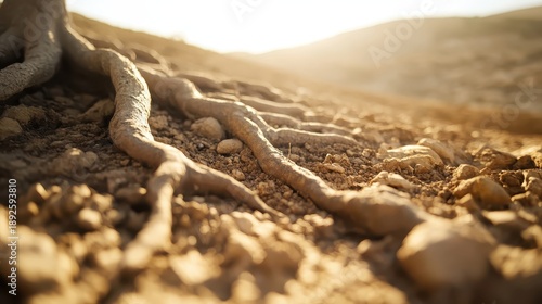 Gnarled tree roots exposed by erosion gripping the dry earth in warm sunlight