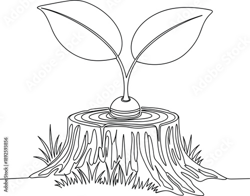 Minimal line art illustration of plant sprouting from tree stump symbolizing regeneration sustainability eco growth nature vector concept