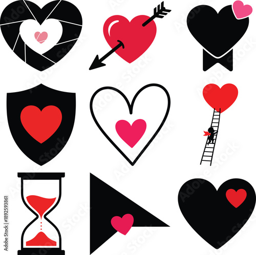 Heart in various shapes and colors with arrow shield hourglass symbol love pink