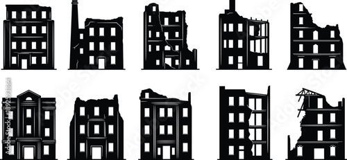 Ruined and damaged building silhouettes set showing destroyed houses, abandoned urban structures, disaster aftermath architecture illustration