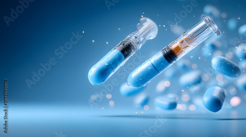 Weight loss pills now available: Two dosing pens for subcutaneous injection of antidiabetic medication or anti-obesity medication hovering over a blue background together with some pills of GLP-1.