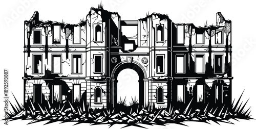 Ruined historic palace illustration showing abandoned architecture, destroyed facade, urban decay, disaster aftermath and dramatic old building scene