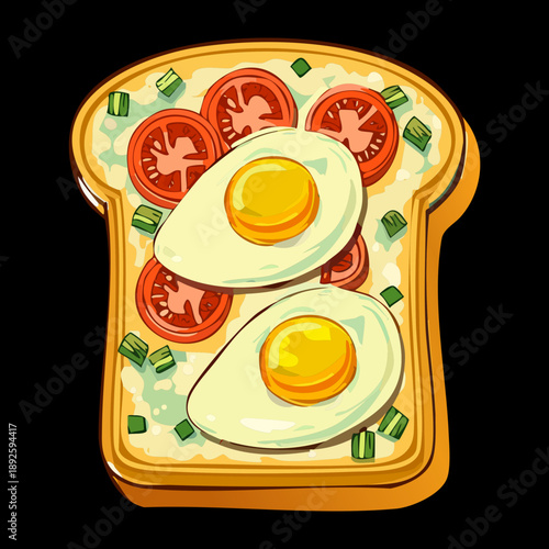Double fried egg toast with fresh tomato slices and green herbs on black surface - Vector Illustration