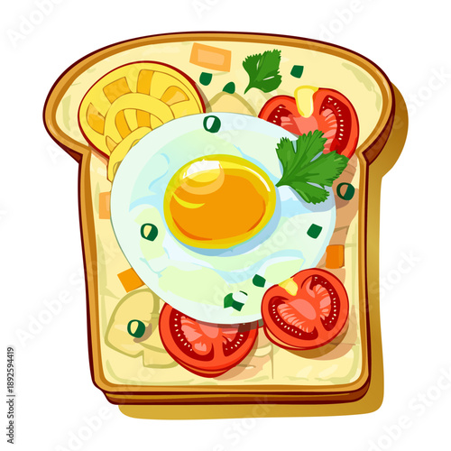 Delicious breakfast toast with sunny side up egg tomatoes and green herbs on white plate - Vector Illustration