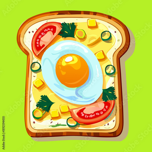 Simple breakfast bread slice topped with sunny side up egg and green tomato garnish - Vector Illustration