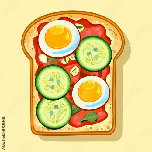 Savory breakfast toast with fried egg sliced cucumbers and fresh tomatoes on a green plate - Vector Illustration