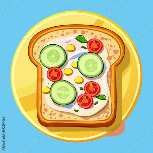 Healthy breakfast toast topped with sliced cucumbers tomatoes and green peas on a yellow plate - Vector Illustration