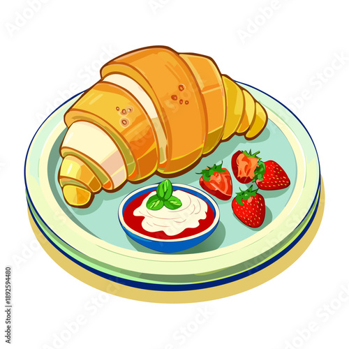 Fresh buttery croissant served with red strawberry jam and cream on a decorative round plate - Vector Illustration