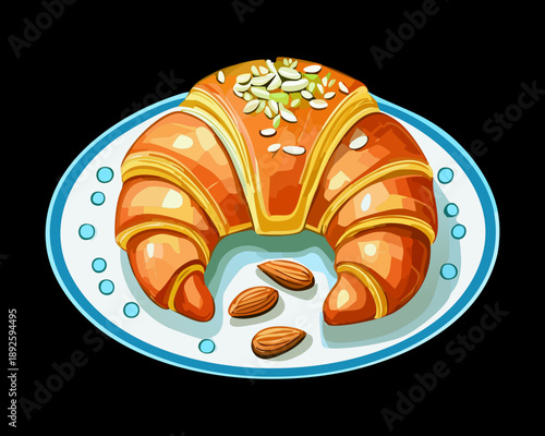 Delicious breakfast croissant with sliced almonds and healthy nuts served on a blue ceramic plate - Vector Illustration