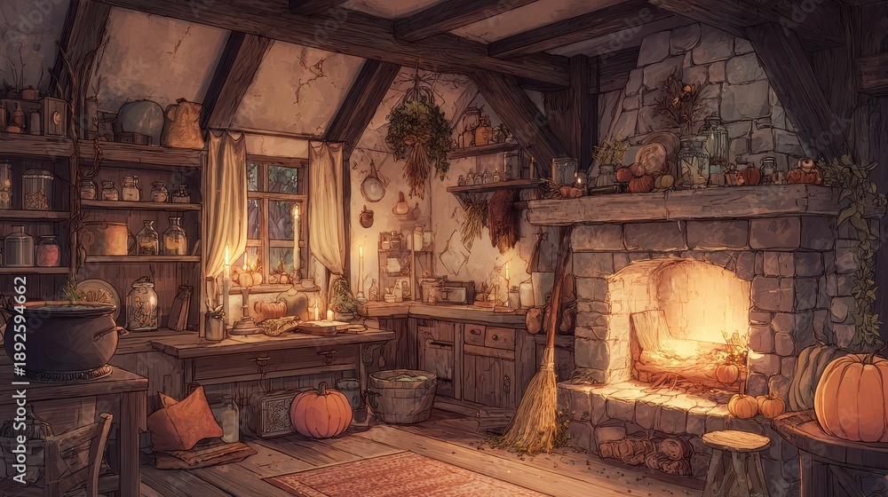 Fototapeta premium Warm candlelit scene inside a rustic cottage with wooden beams, potion jars, and a glowing cauldron in a stone hearth