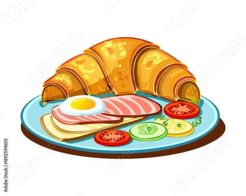 Delicious breakfast croissant served with fried egg and bacon slices with fresh tomato and cucumber garnish - Vector Illustration
