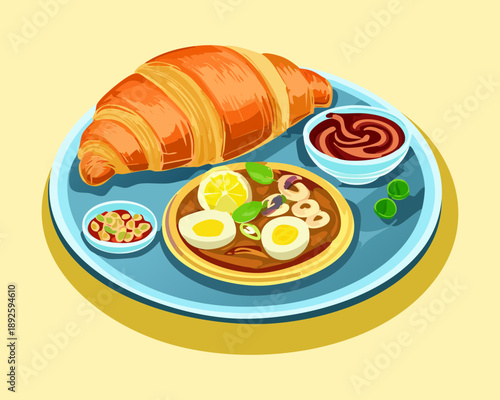 Hearty breakfast plate with golden croissant and fried egg served with small savory mushroom side dish - Vector Illustration