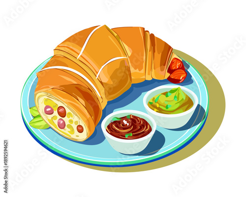 Savory croissant filled with ham and cheese served with dipping sauces and fresh garden salad greens - Vector Illustration