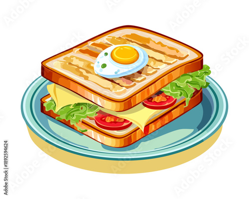 Healthy egg sandwich on toasted bread with fresh lettuce and tomato slices for nutritious lunch meal snack - Vector Illustration
