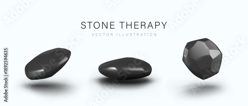 Realistic black rock for stone therapy. 3D model in different positions. Isolated vector templates on white background. Natural element for hot back massage, muscle warming, and wellness procedures