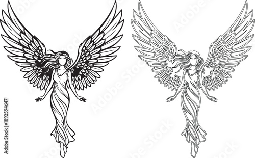 Black and white angel with varying line density line silhouette wings dress