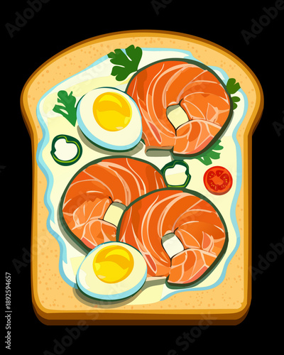 Savory breakfast toast with boiled egg slices and smoked salmon topped with fresh green herbs - Vector Illustration