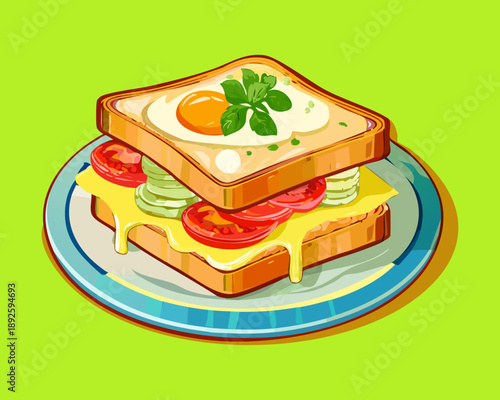 Gourmet egg and cheese sandwich with fresh tomato slices on toasted bread for nutritious breakfast meal - Vector Illustration