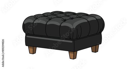 Square Black Tufted Leather Ottoman with Wooden Legs Isolated on White Background